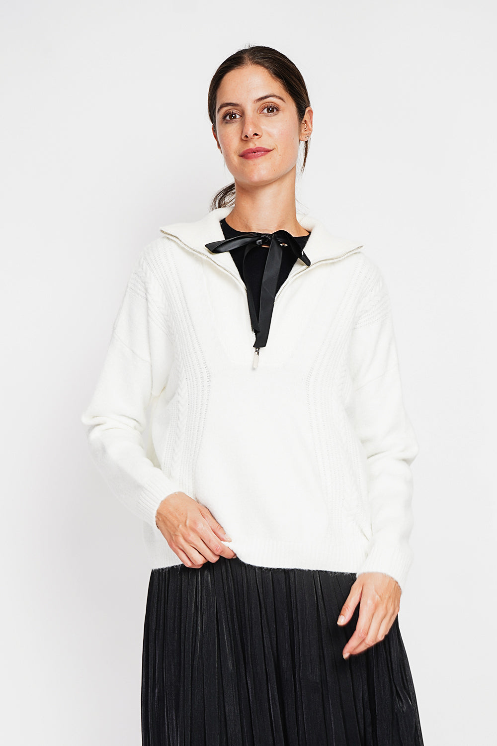 Oversized Cable Zip Trucker Sweater with Long Sleeves