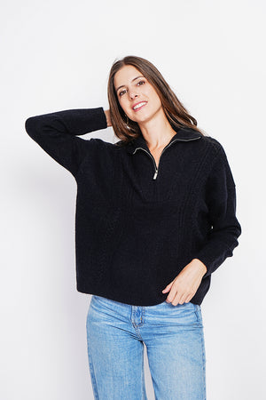 Oversized Cable Zip Trucker Sweater with Long Sleeves