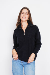 Oversized Cable Zip Trucker Sweater with Long Sleeves