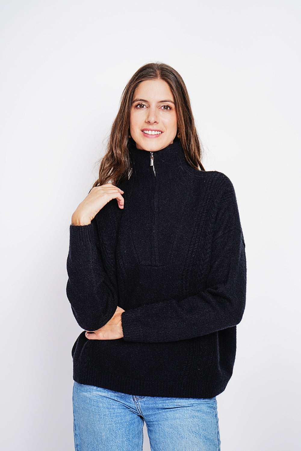 Oversized Cable Zip Trucker Sweater with Long Sleeves – Black – Assuili