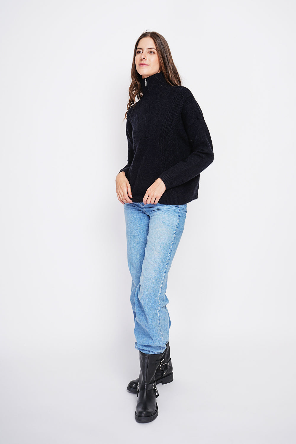Oversized Cable Zip Trucker Sweater with Long Sleeves