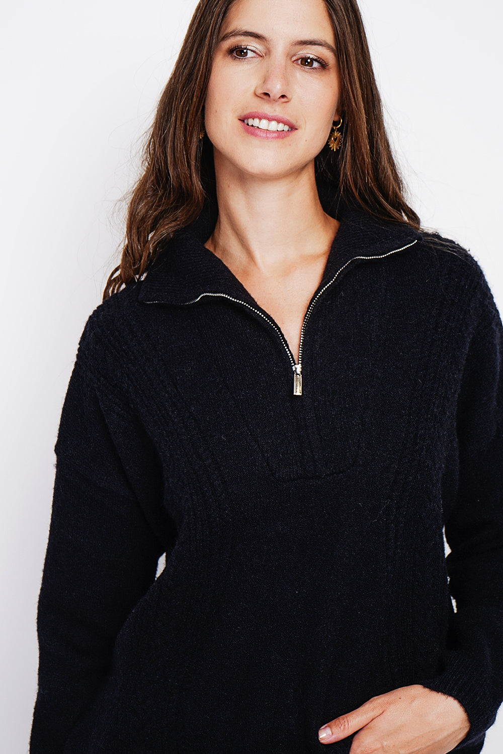 Oversized Cable Zip Trucker Sweater with Long Sleeves