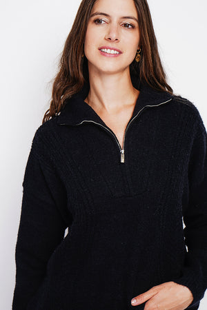 Oversized Cable Zip Trucker Sweater with Long Sleeves