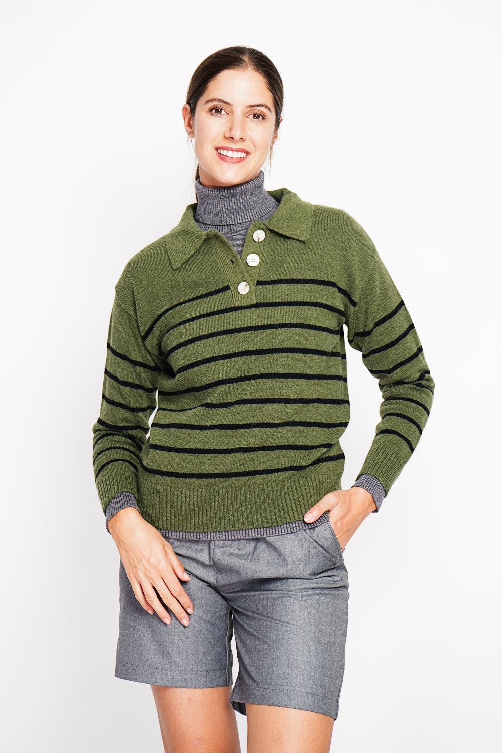 Oversized sailor polo neck sweater with long sleeves – Khaki – Assuili