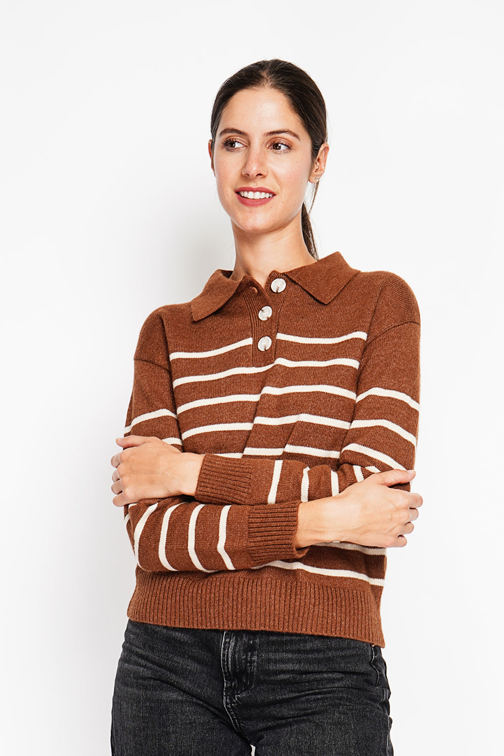 Oversized sailor polo neck sweater with long sleeves – Brown – Assuili