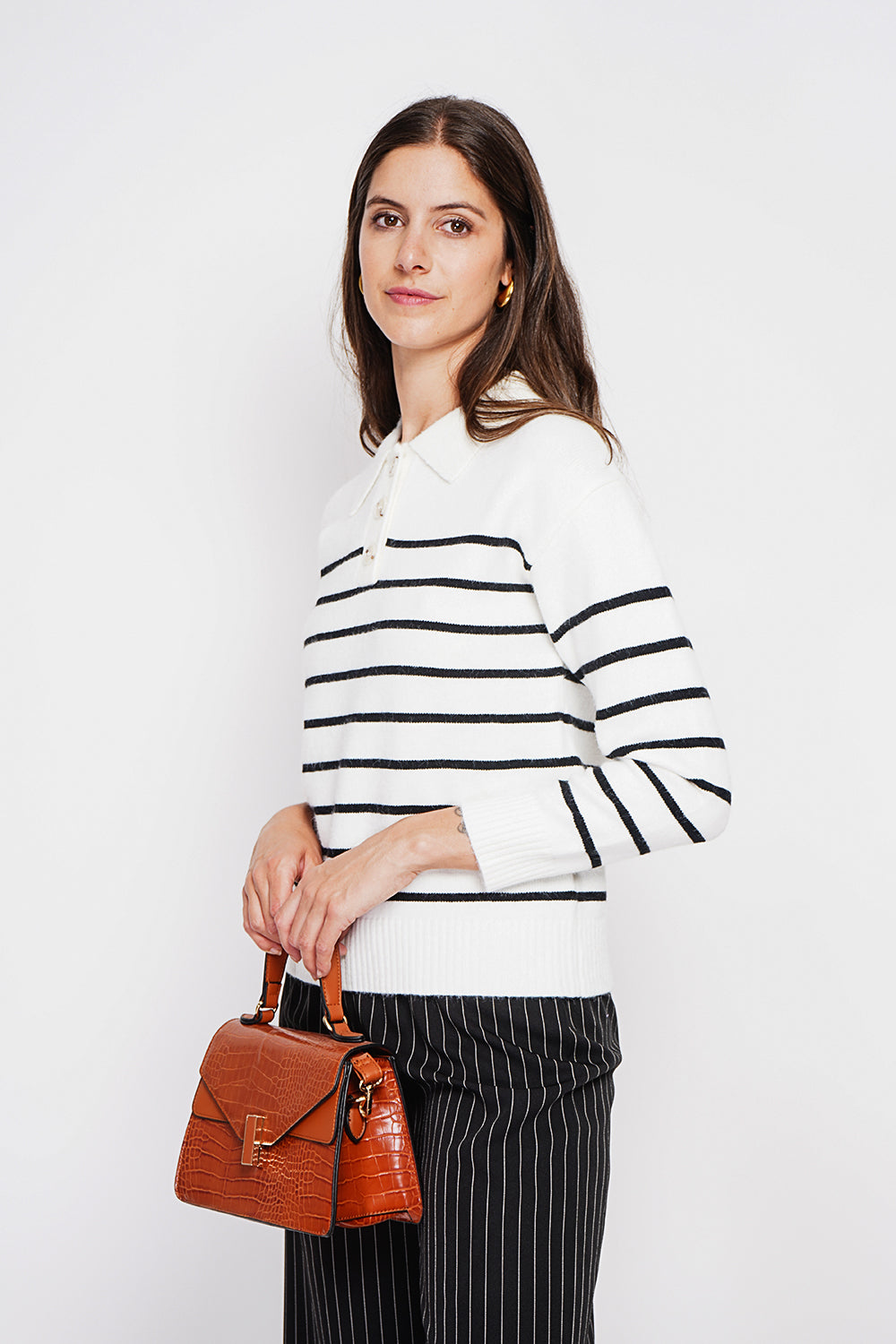 Oversized sailor polo neck sweater with long sleeves – Off white – Assuili