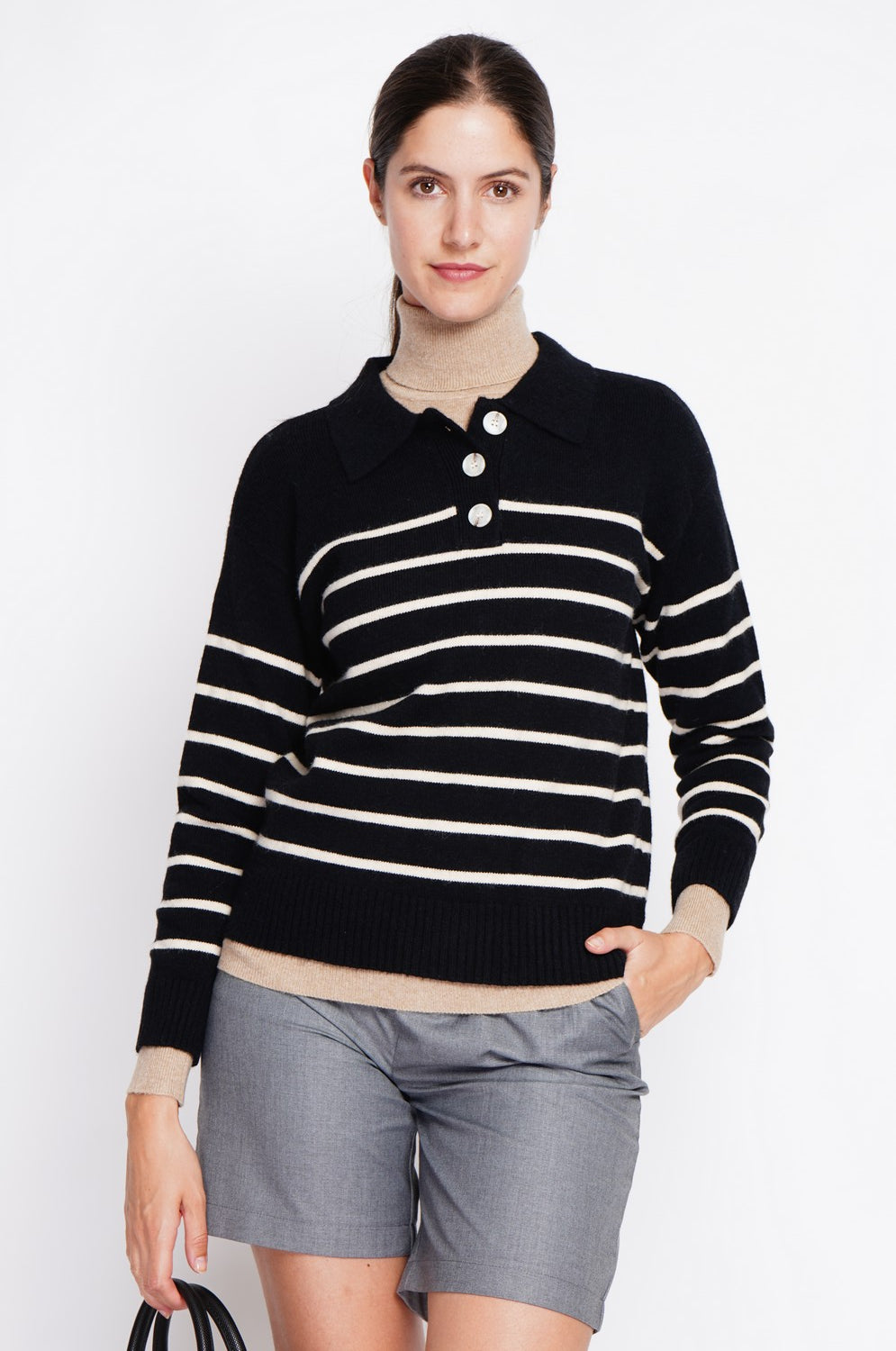 Oversized sailor polo neck sweater with long sleeves – Black – Assuili