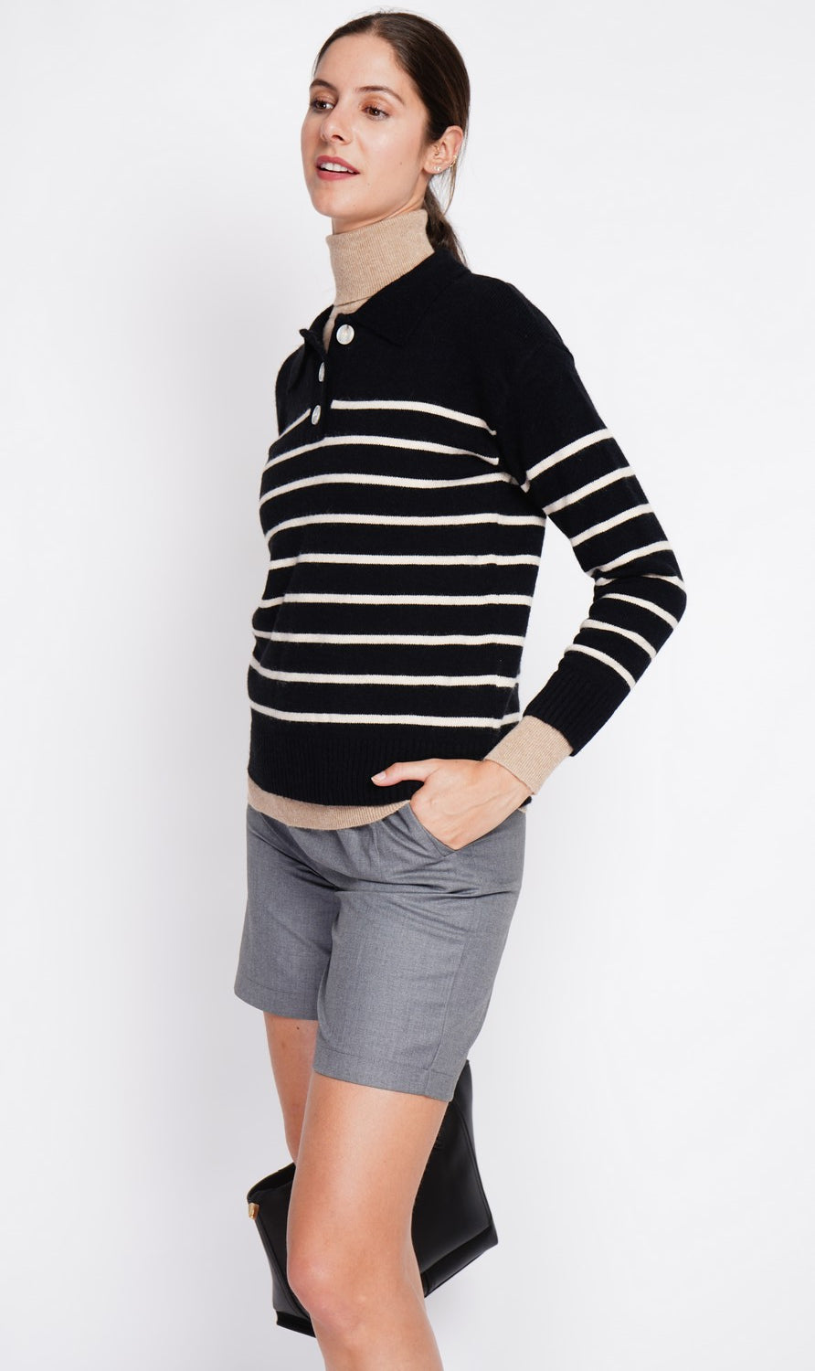 Oversized sailor polo neck sweater with long sleeves – Black – Assuili