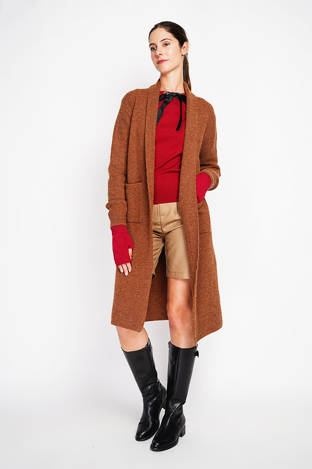 Gilet long maille fantaisie à poches – Marron – Assuili