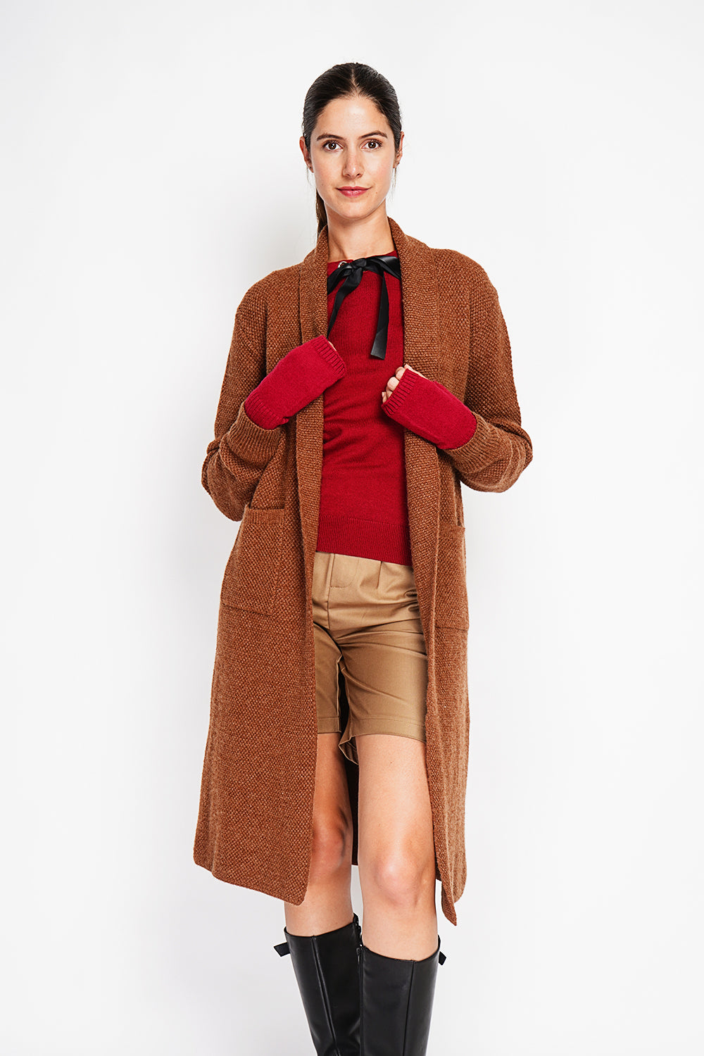 Gilet long maille fantaisie à poches – Marron – Assuili