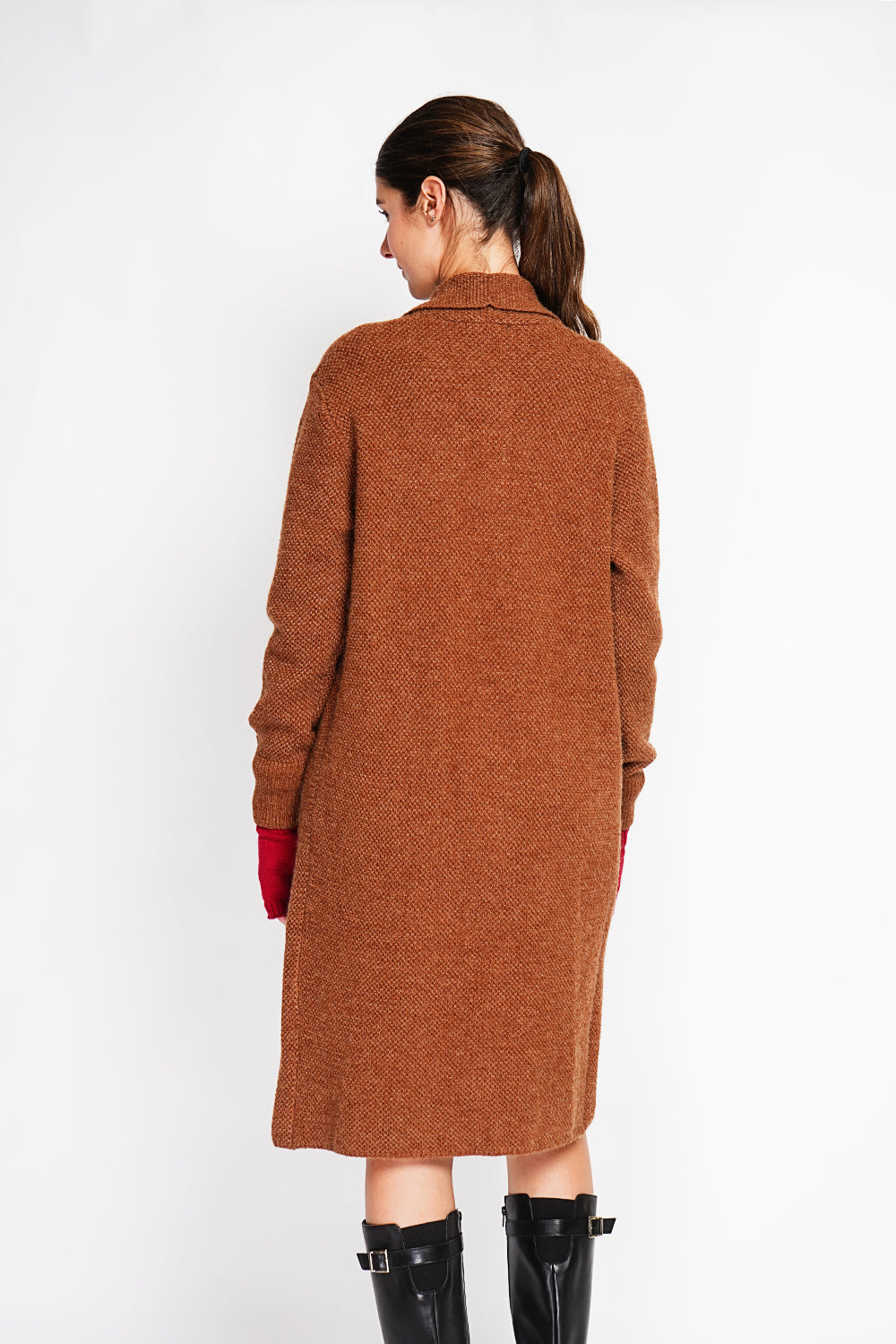 Gilet long maille fantaisie à poches – Marron – Assuili