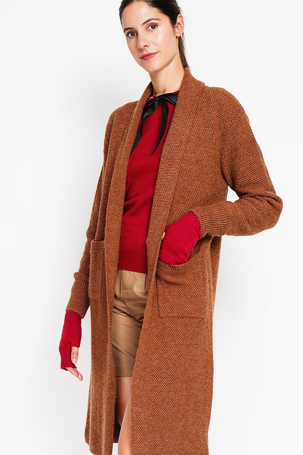 Gilet long maille fantaisie à poches – Marron – Assuili