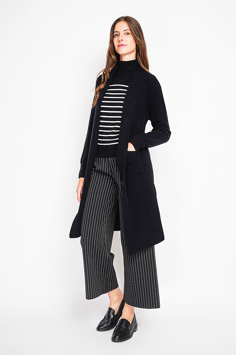 Gilet long maille fantaisie à poches – Noir – Assuili