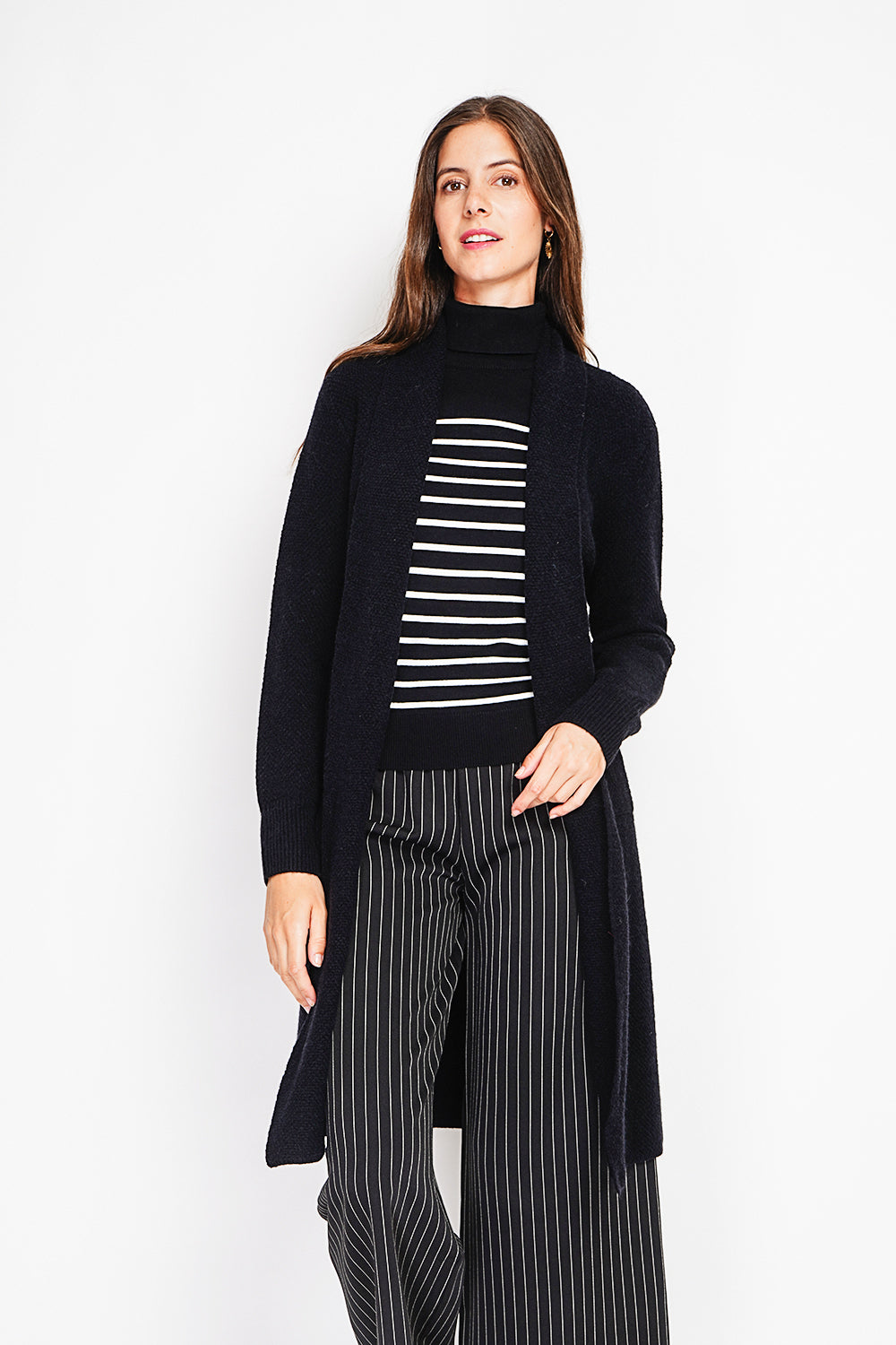 Gilet long maille fantaisie à poches – Noir – Assuili