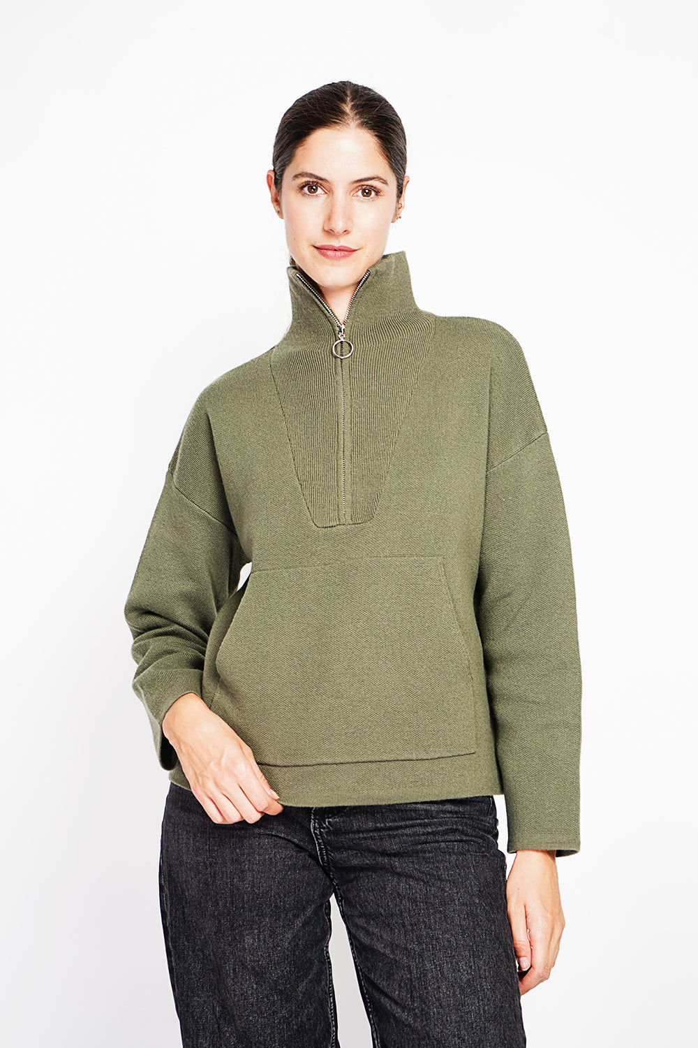 High neck sweater with oversized zip front pocket and long sleeves