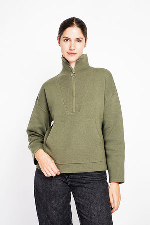High neck sweater with oversized zip front pocket and long sleeves