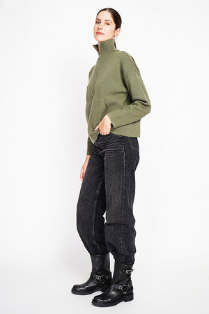 High neck sweater with oversized zip front pocket and long sleeves