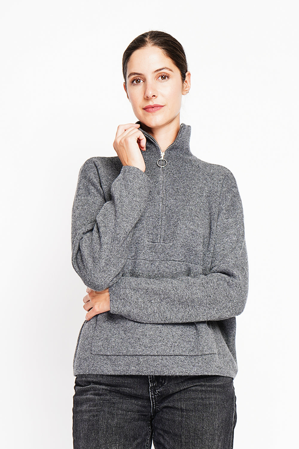 High neck sweater with oversized zip front pocket and long sleeves