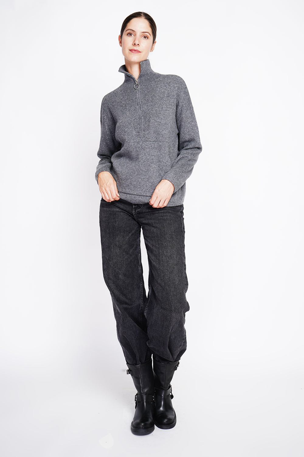 High neck sweater with oversized zip front pocket and long sleeves