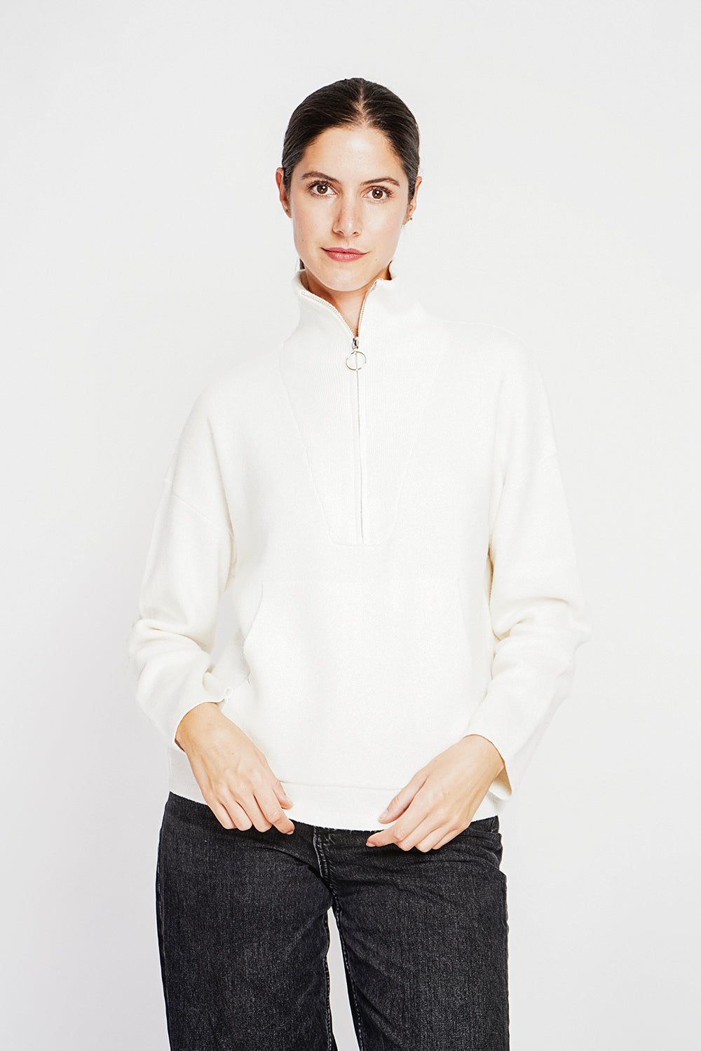 High neck sweater with oversized zip front pocket and long sleeves