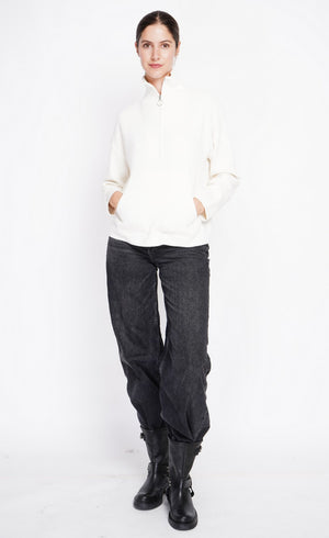High neck sweater with oversized zip front pocket and long sleeves