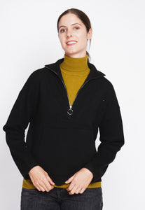 High neck sweater with oversized zip front pocket and long sleeves