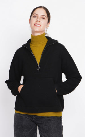 High neck sweater with oversized zip front pocket and long sleeves