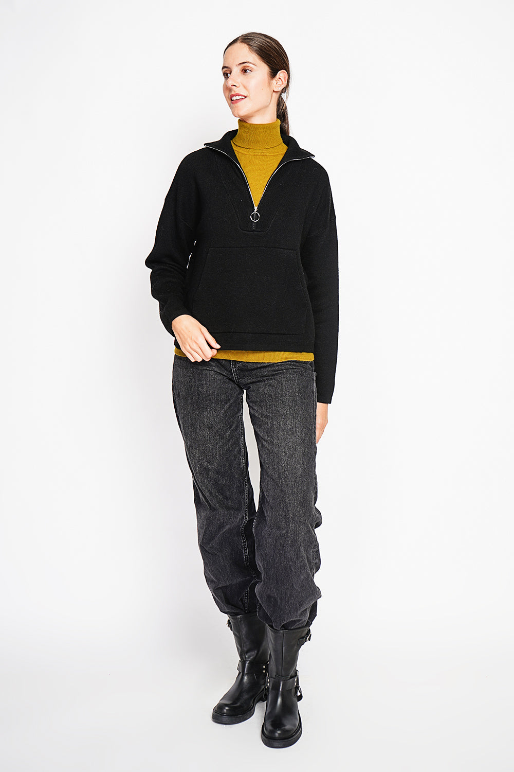 High neck sweater with oversized zip front pocket and long sleeves