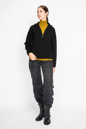 High neck sweater with oversized zip front pocket and long sleeves