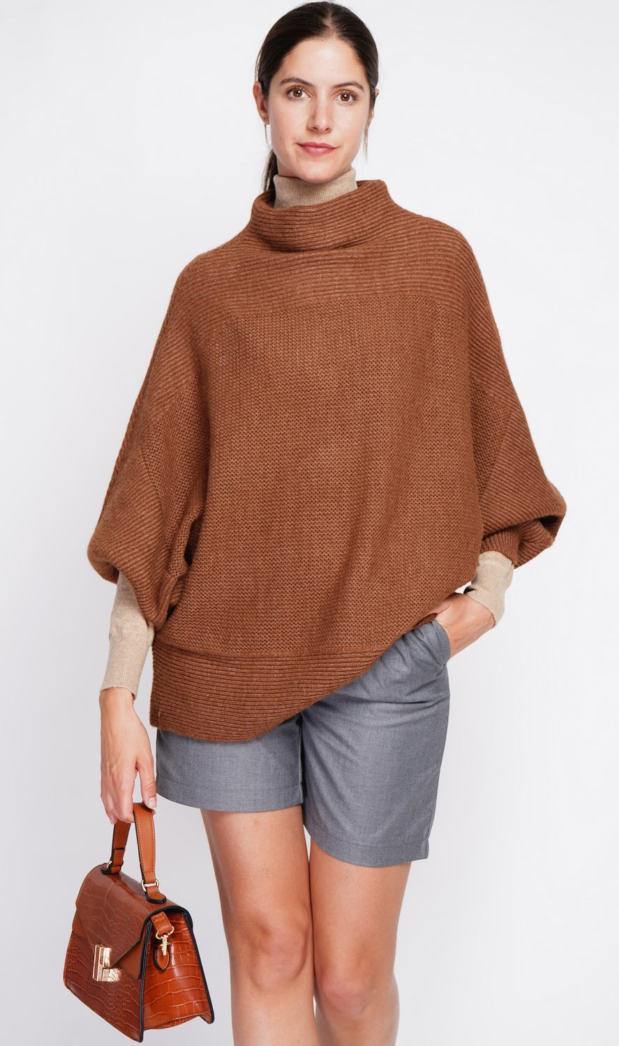 Long sleeve fancy knit turtleneck poncho sweater – Brown – Assuili