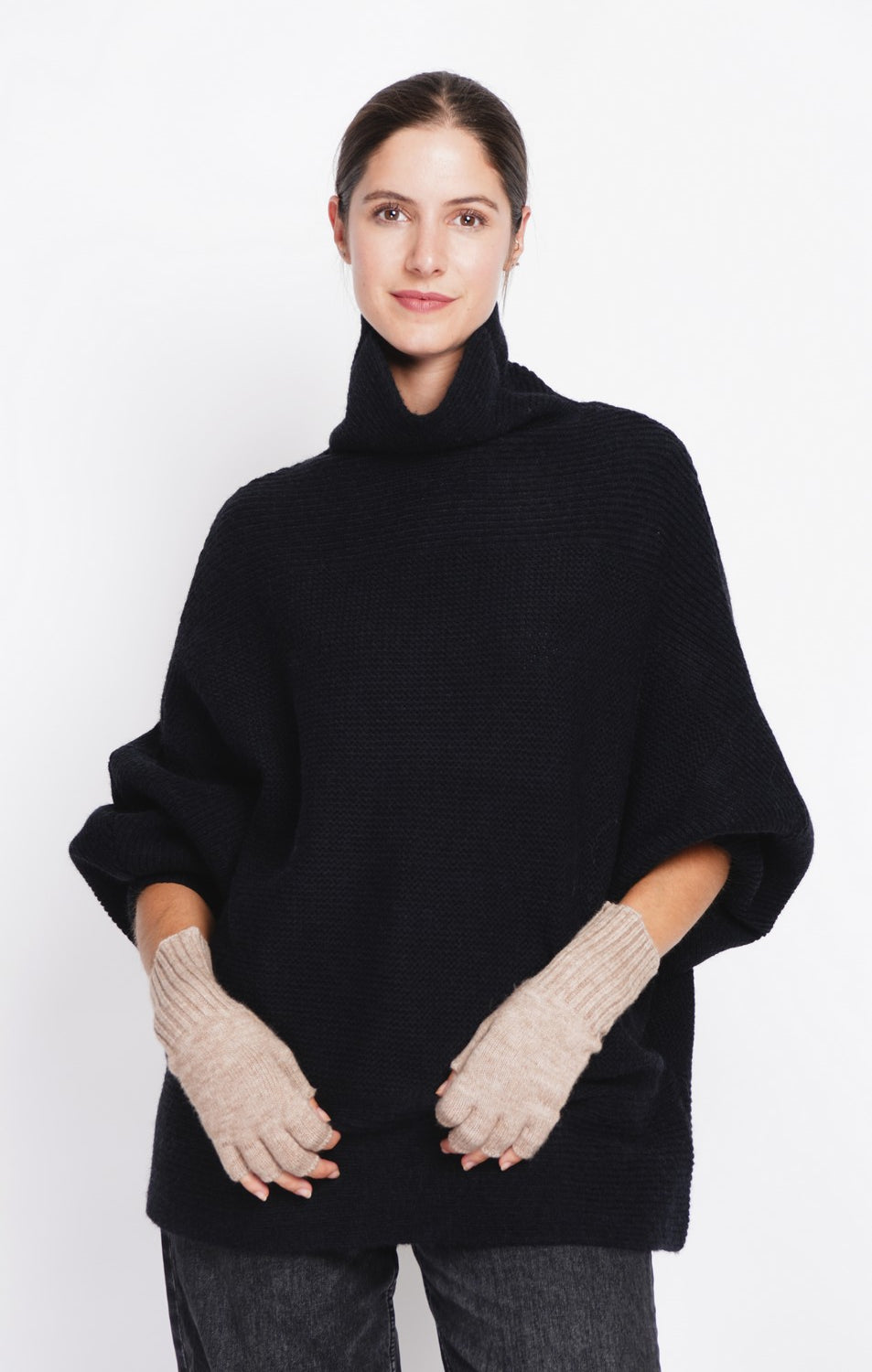 Long sleeve fancy knit turtleneck poncho sweater – Black – Assuili