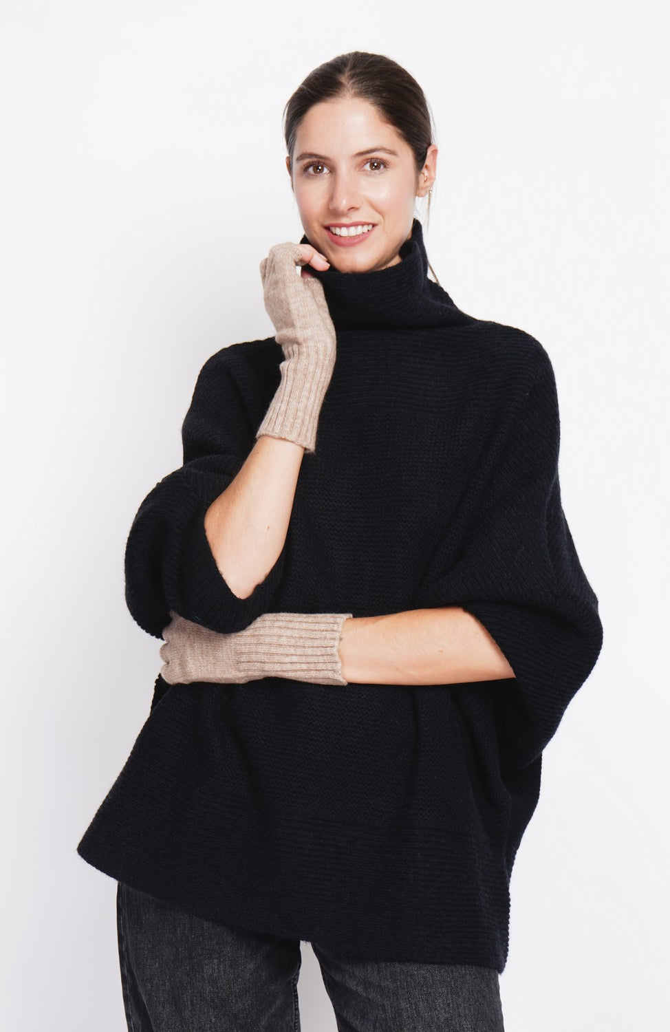 Long sleeve fancy knit turtleneck poncho sweater