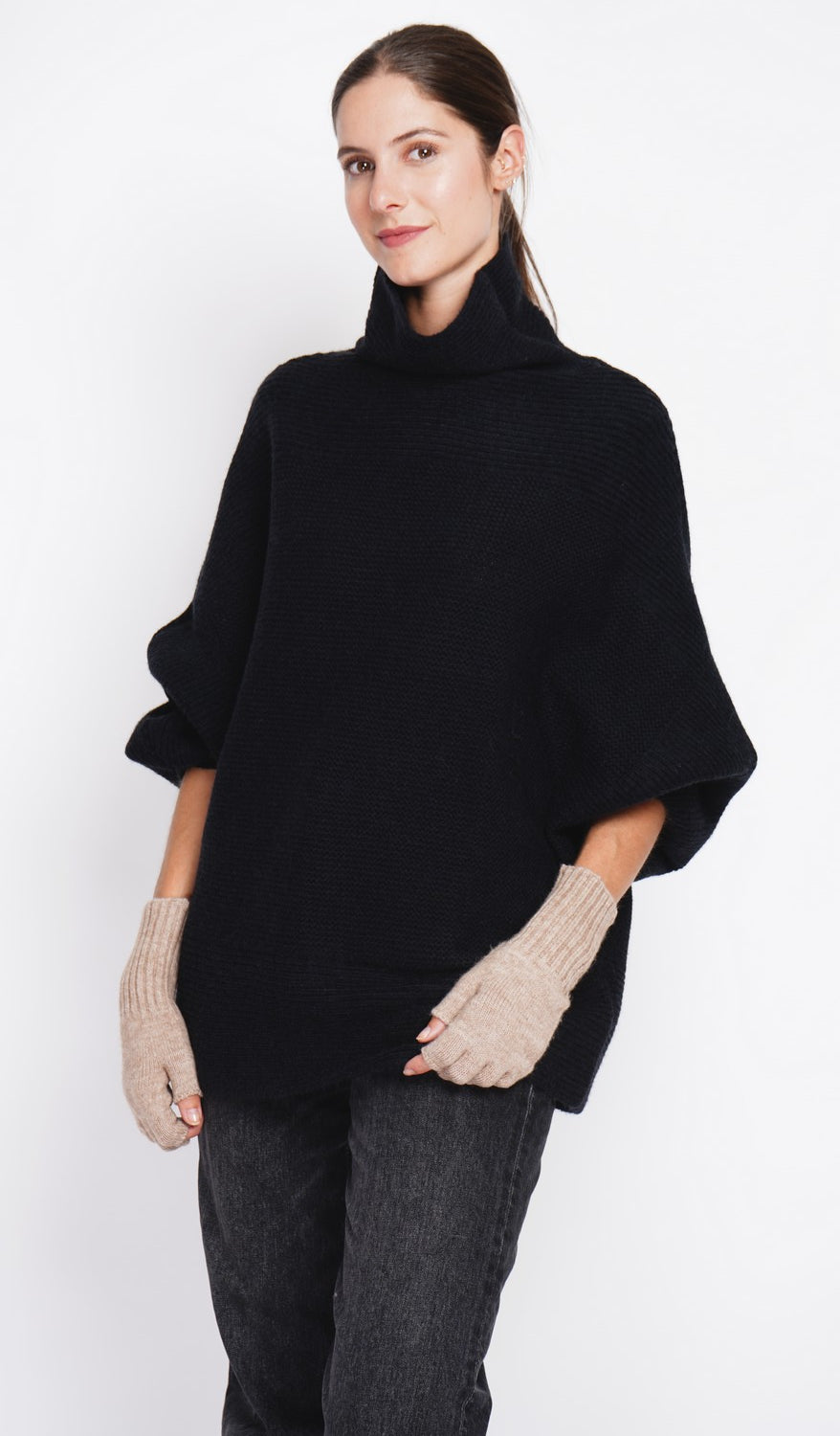 Long sleeve fancy knit turtleneck poncho sweater
