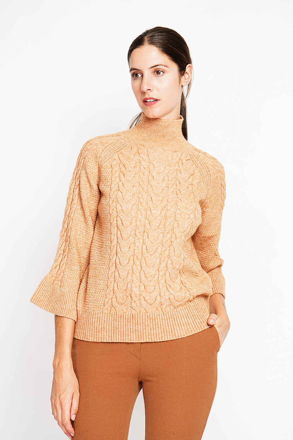 Turtleneck sweater with mid-length musketeer sleeves