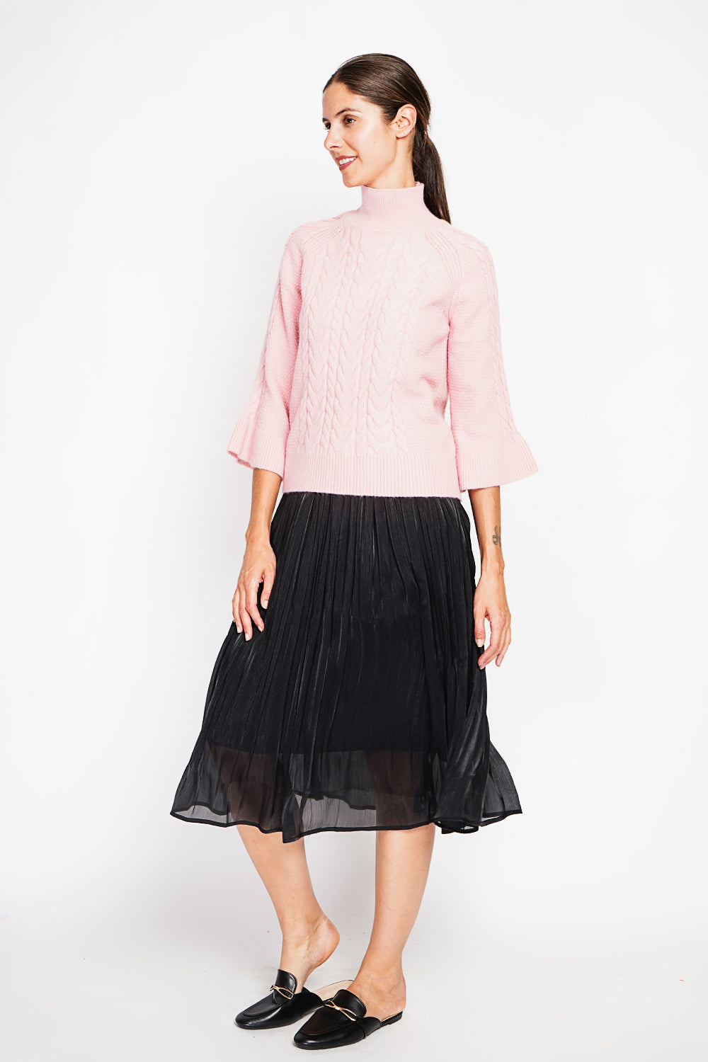 Pull col montant torsadé manches mousquetaire – Vieux rose – Assuili