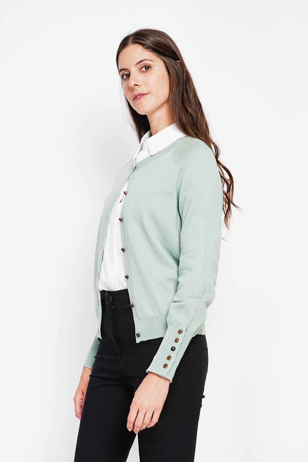 Crew neck oversized cut vest with button placket at the bottom of the long sleeves – Jade green – Assuili