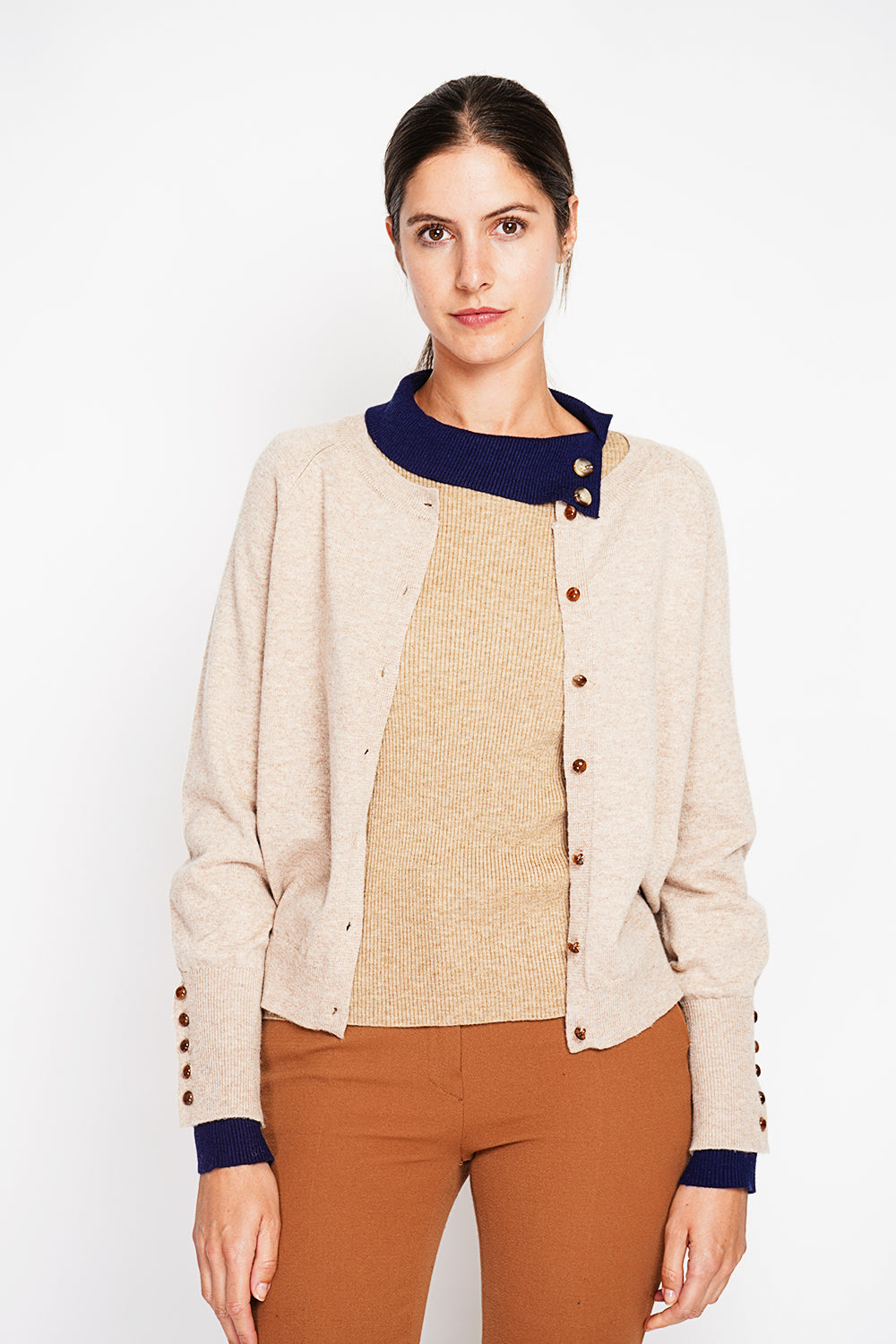 Crew neck oversized cut vest with button placket at the bottom of the long sleeves – Nougat – Assuili