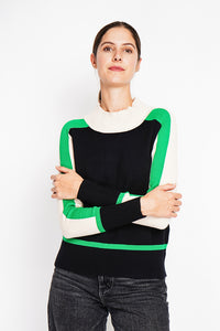 Oversized tri-color high neck sweater with long sleeves