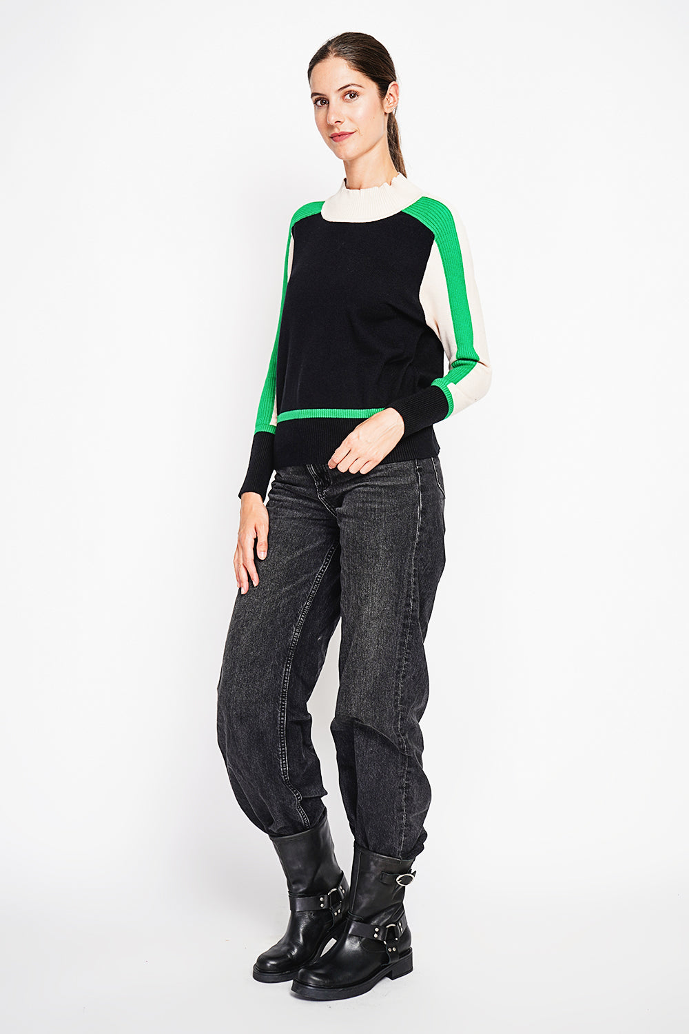 Pull col montant tricolore oversize – Noir – Assuili