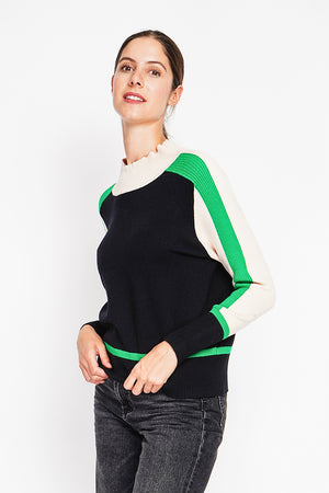 Oversized tri-color high neck sweater with long sleeves