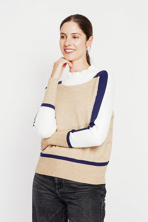 Oversized tri-color high neck sweater with long sleeves