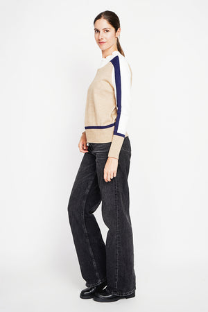 Oversized tri-color high neck sweater with long sleeves