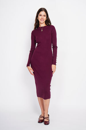 Ribbed high neck dress with buttoning on the long sleeves