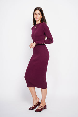 Ribbed high neck dress with buttoning on the long sleeves