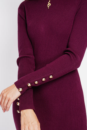 Ribbed high neck dress with buttoning on the long sleeves