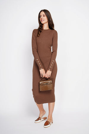 Ribbed high neck dress with buttoning on the long sleeves