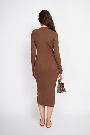 Ribbed high neck dress with buttoning on the long sleeves