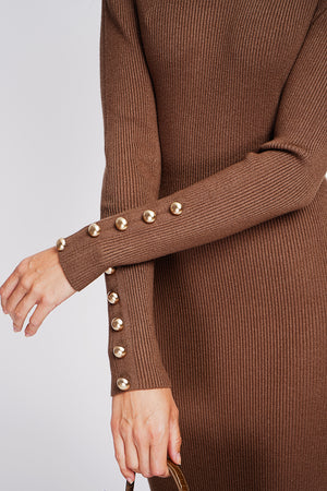Ribbed high neck dress with buttoning on the long sleeves