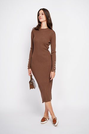 Ribbed high neck dress with buttoning on the long sleeves