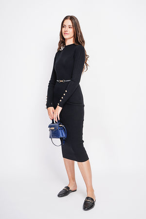 Ribbed high neck dress with buttoning on the long sleeves